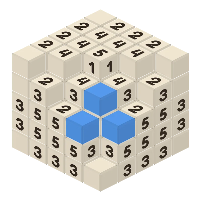 A block of cubes mid-solve, with the near corner carved away to reveal coloured model cubes inside and number clues printed on the remaining faces.