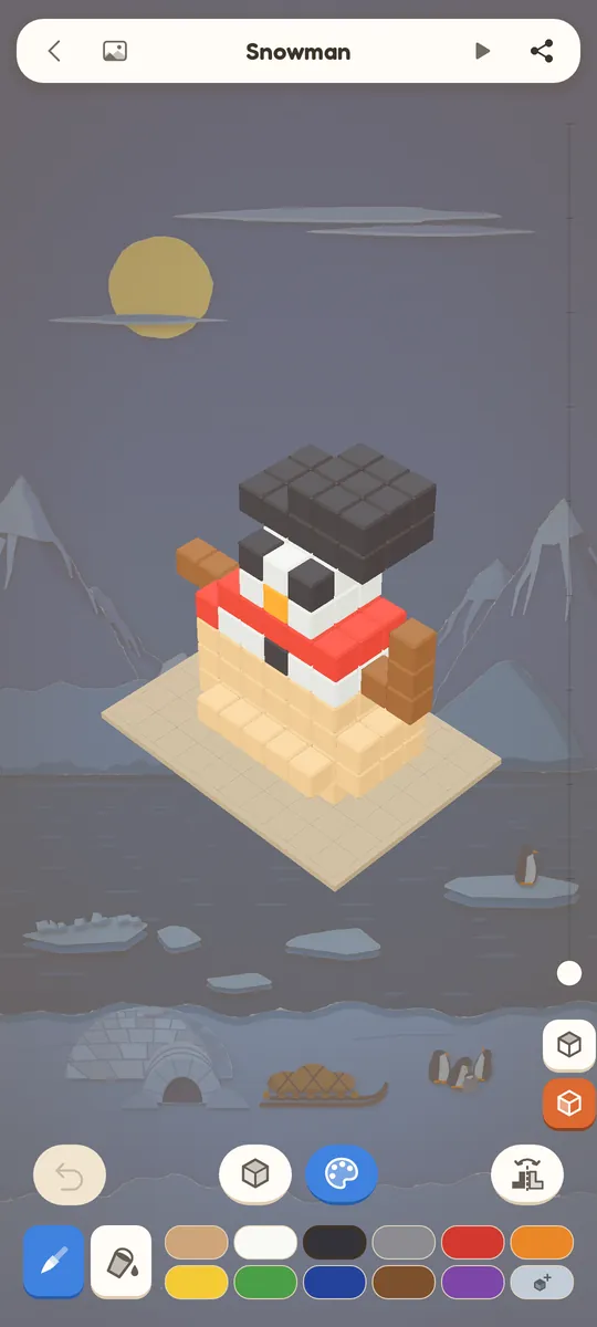 The level builder showing a snowman model built from voxels, with a colour palette and a share button.
