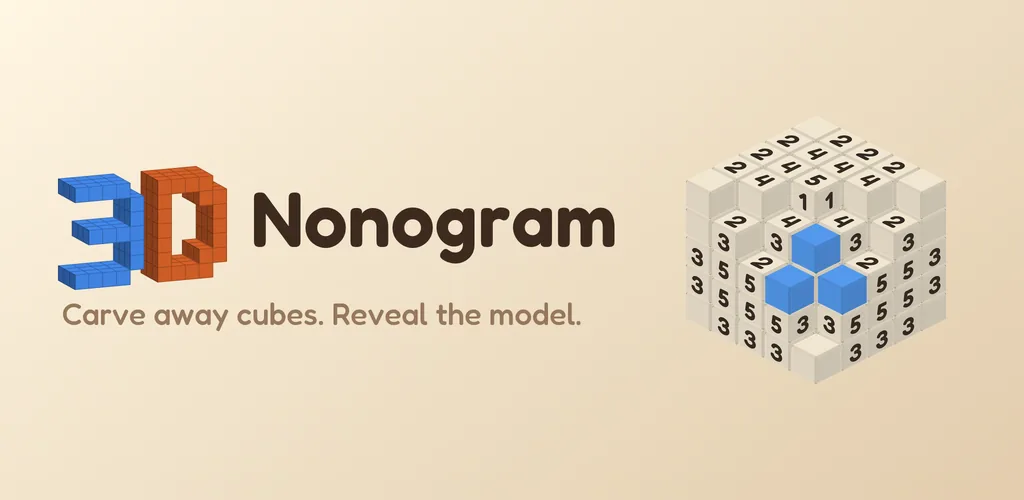 Key art for 3D Nonogram: the logo beside a block of cubes with number clues printed on its faces, some cubes already carved away to show blue model cubes inside.