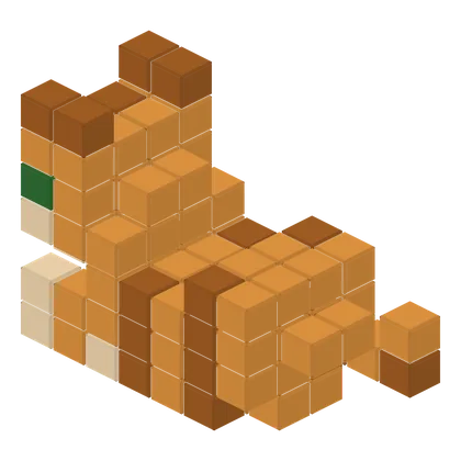 A cat built from voxels, the solved state of one puzzle.