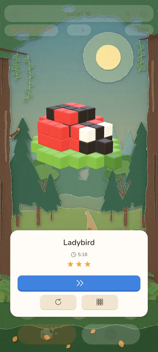 A solved puzzle: a ladybird on a leaf, revealed in red, black and green cubes, with a 3-star result card.