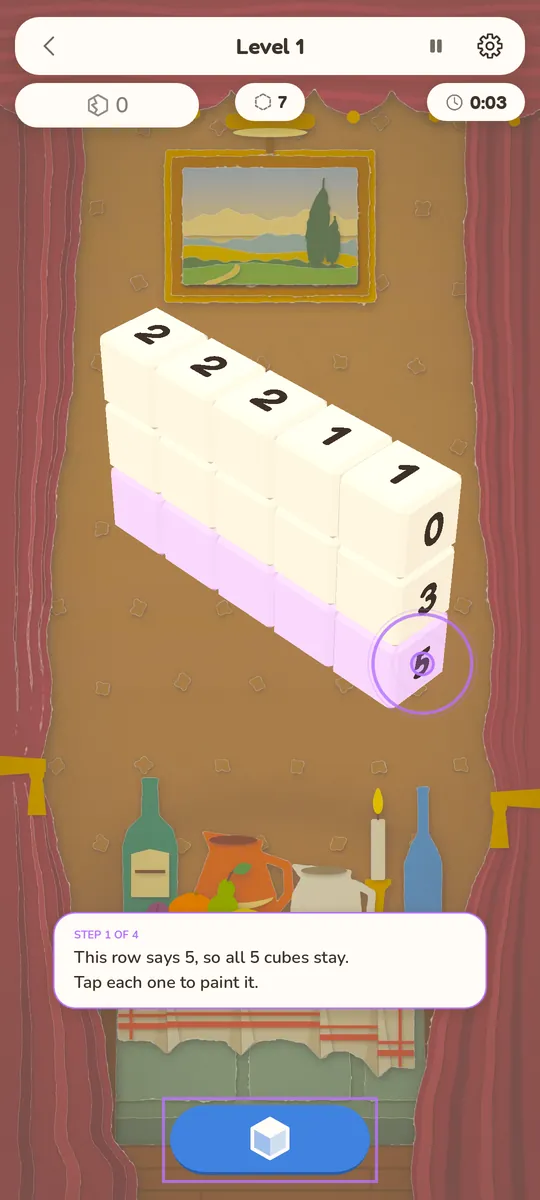 The first lesson: a thin slab of cubes with number clues, and a coach card explaining that a row labelled 5 keeps all 5 of its cubes.