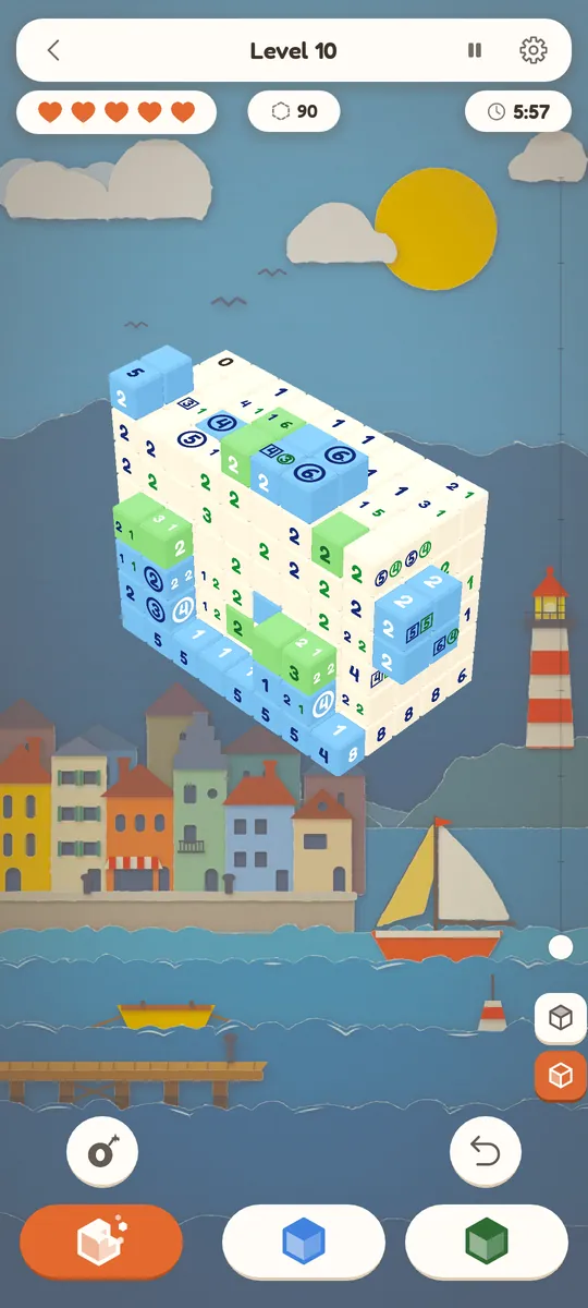 A two-colour puzzle in a harbour backdrop: clues printed in blue and green, with two paint buttons, one for each colour.