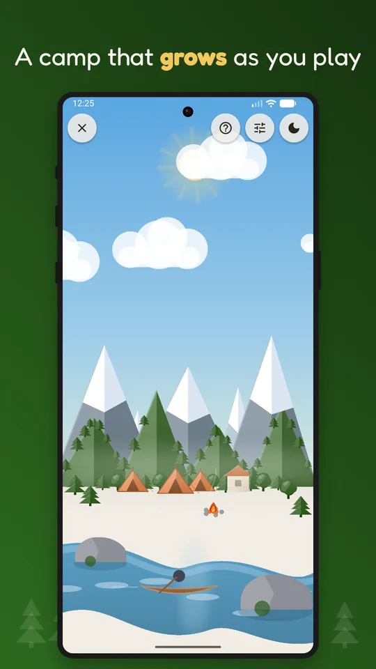 The campsite illustration that grows as the game is played, showing tents, a cabin, a campfire, pine forest and a river.