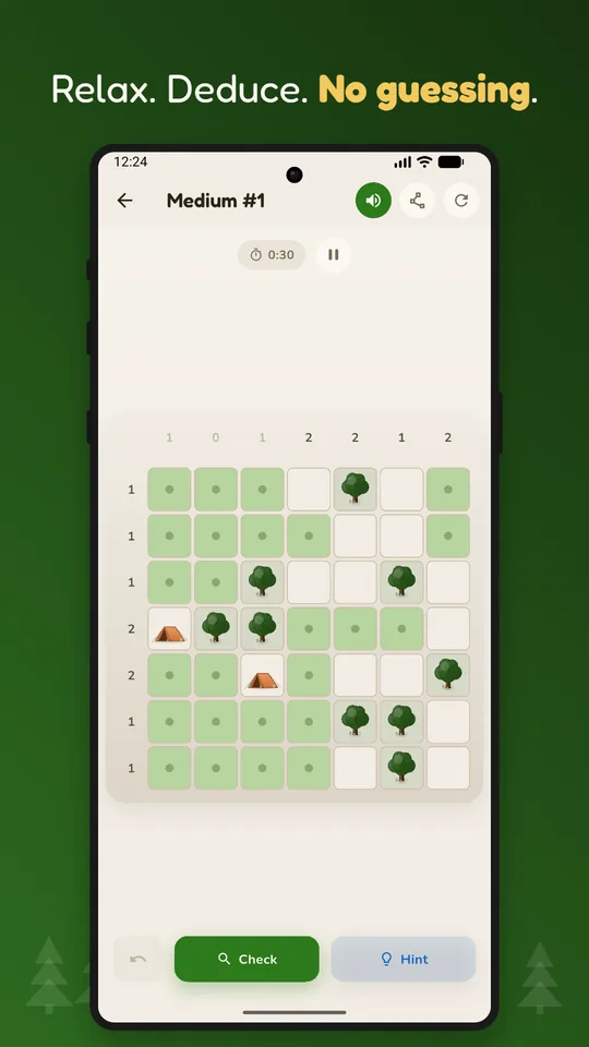 A seven-by-seven Tents and Trees board mid-solve, with trees, placed tents, grass marks and the tent counts printed beside each row and column.
