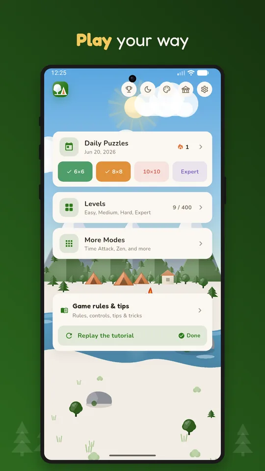 The Tents and Trees home screen showing the Daily Puzzles card with a streak counter, the Levels ladder and a More Modes button.