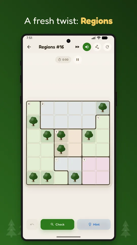 The Regions rule variant: an eight-by-eight board where the row and column clues are replaced by tent counts inside irregular coloured regions.