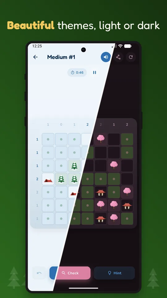 A split view of the same board in a light Winter theme and a dark Sakura theme.