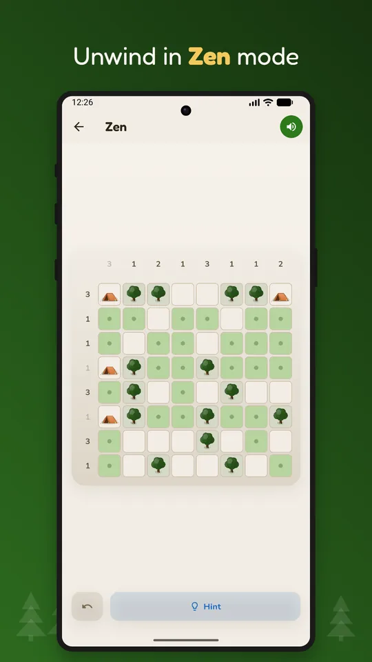 Zen mode: an eight-by-eight board with no timer and no check button, only undo and a hint.
