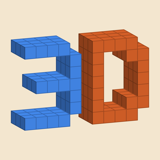 3D Nonogram app icon: the characters 3 and D built out of blue and orange cubes drawn in isometric projection on a cream ground.